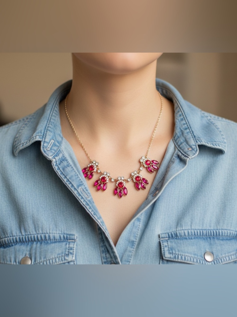 Charming Charlie Pink, Red, and Gold Crystal Statement Necklace - Picture 2 of 3
